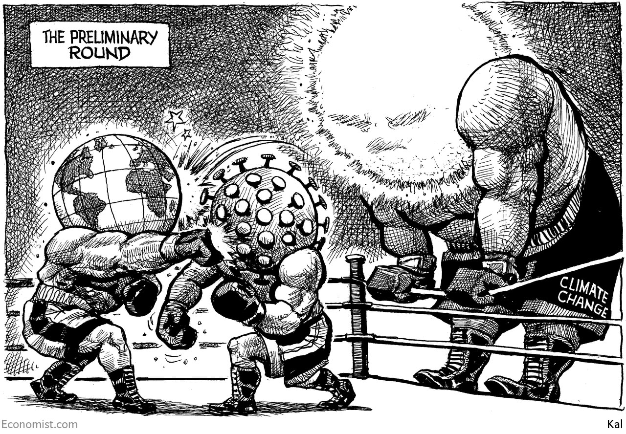 COVID-19 boxing the Earth, with Climate Change waiting to take on Earth next.